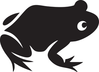 dark silhouette of a leaping frog stands against a white background.