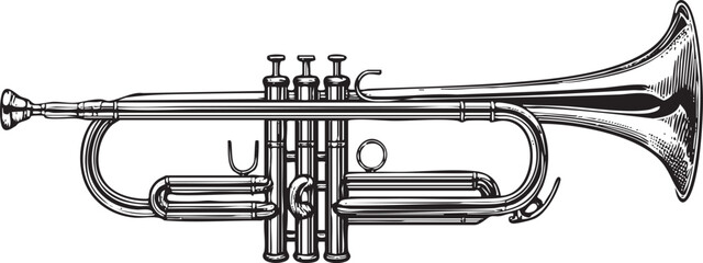 detailed black and white of a gleaming trumpet.