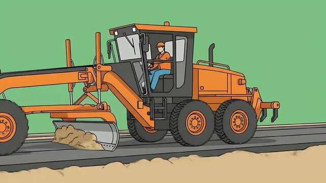 Operating Road Grader Flattening Surface for Construction Animated Style