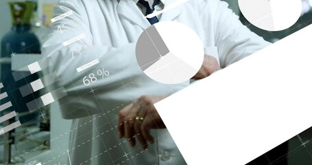 Senior male scientist initiating financial analysis in lab seeing charts fading in and folding arms - Powered by Adobe