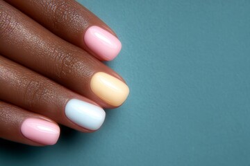 Pastel Nail Polish Swatches  Soft Pink  Yellow  White Manicure on Dark Teal Background