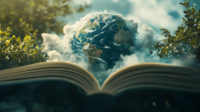 An open book reveals a view of Earth surrounded by clouds and greenery, symbolizing knowledge and nature.