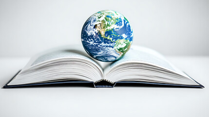 A miniature globe resting on an open book, symbolizing global knowledge and learning.