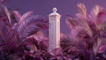 A tall, slender white pillar with ornate cap, stands amidst vibrant purple palm fronds against a dusky purple sky