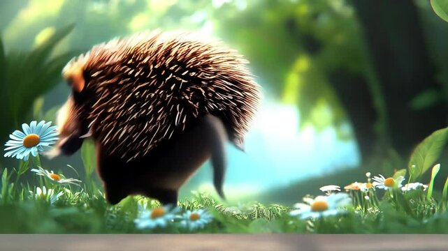 Cheerful hedgehog in a grassy field with flowers
