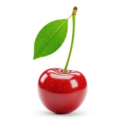 Against a stark white backdrop,vibrant red cherry with lush green leaf offers simple,yet visually appealing,image.3d-style imitation.