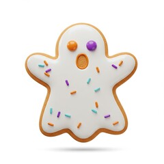 cute ghost-shaped cookie,covered with white icing and colorful sprinkles,features googly candy eyes small,scared-looking mouth,ready to celebrate fun Halloween.3d-style imitation.
