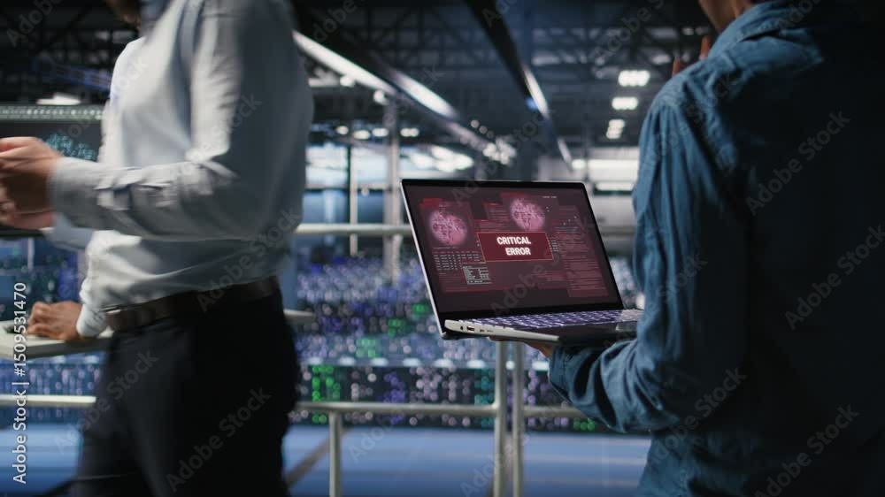 Poster technician in data center stressed by critical error popup on laptop during diagnostics session. anx