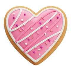 heart-shaped sugar cookie with golden-brown edge features coating of pink icing,decorated white stripes,and an assortment small,colorful candy sprinkles.3d-style imitation.