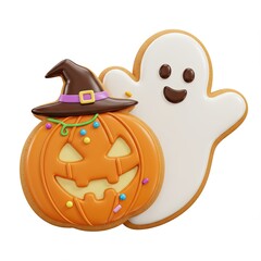 smiling ghost cookie stands beside an equally cheerful jack-o'-lantern with witch's hat and colorful candies,perfect for festive Halloween treat.3d-style imitation.