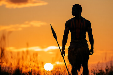 Silhouette of an African tribal warrior with a spear