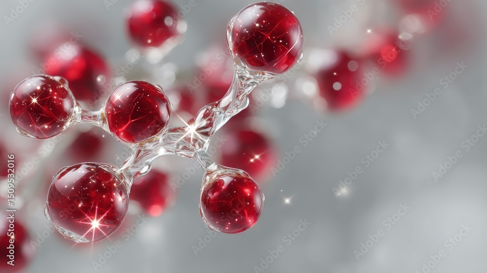 Poster red molecular structure science technology abstract art shiny spheres network bonds