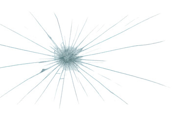 Radial glass fracture pattern branching from central impact point, spider web-like cracks spreading across transparent surface
