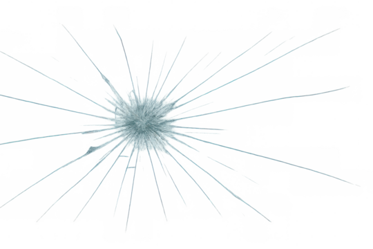 Radial glass fracture pattern branching from central impact point, spider web-like cracks spreading across transparent surface