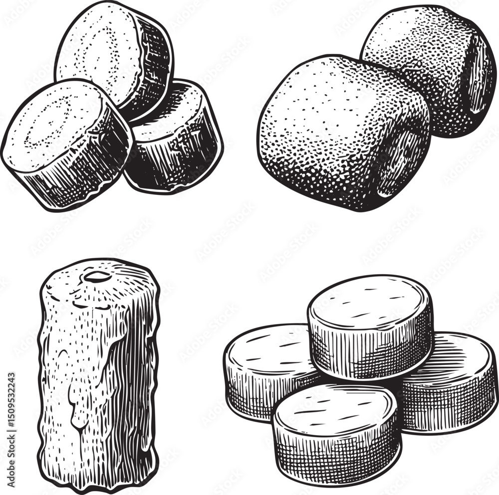 Poster several cylindrical objects are arranged in varying states of cut and whole.