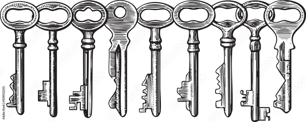 Poster row of antique keys is arranged horizontally on a dark background.