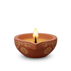 single diya lamp,intricately adorned with floral designs,shines brightly against stark white backdrop,symbolizing hope and celebration.3d-style imitation.