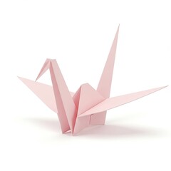 delicate,pastel-pink origami crane,its wings outstretched,is presented against clean,bright white backdrop,casting subtle shadow.3d-style imitation.