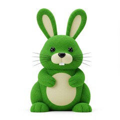 cute,green,cartoon-like bunny made of soft material is depicted sitting upright against stark white background,evoking sense playful charm.3d-style imitation.