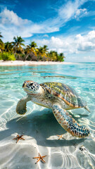 Obraz premium A green sea turtle swims gracefully above the sandy ocean floor near a tropical beach.