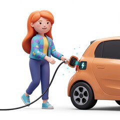 cheerful cartoon woman with long red hair plugs charging cable into the port of her small,orange electric vehicle visible effect.3d-style imitation.