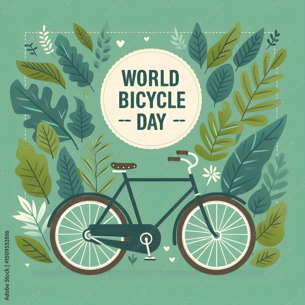 Poster vector art of a bicycle with natural leaves in the background and spacious layout for world bicycle 
