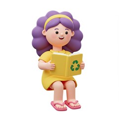 cartoon girl with purple hair and yellow dress,wearing pink sandals,sits reads book featuring green recycling symbol on its cover.3d-style imitation.