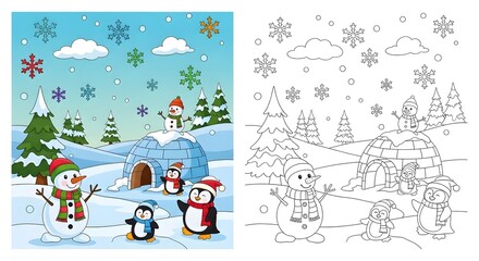 Fototapeta premium Winter Cartoon Scene Snowmen and Penguins