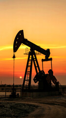 Silhouette of an oil pumpjack seen from behind, sun partially hidden behind machinery, warm sunset glow,