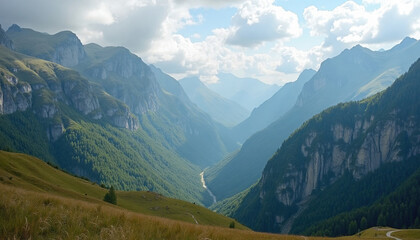 Obraz premium Vast mountain valley scene reveals a deep gorge with forests under a bright summer sky.