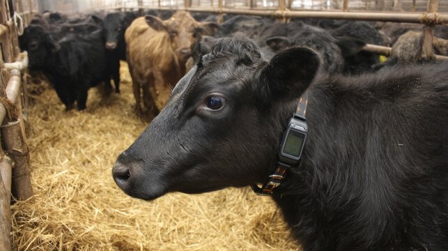 Cattle monitoring event farm livestock management indoor barn close-up technology integration for agriculture