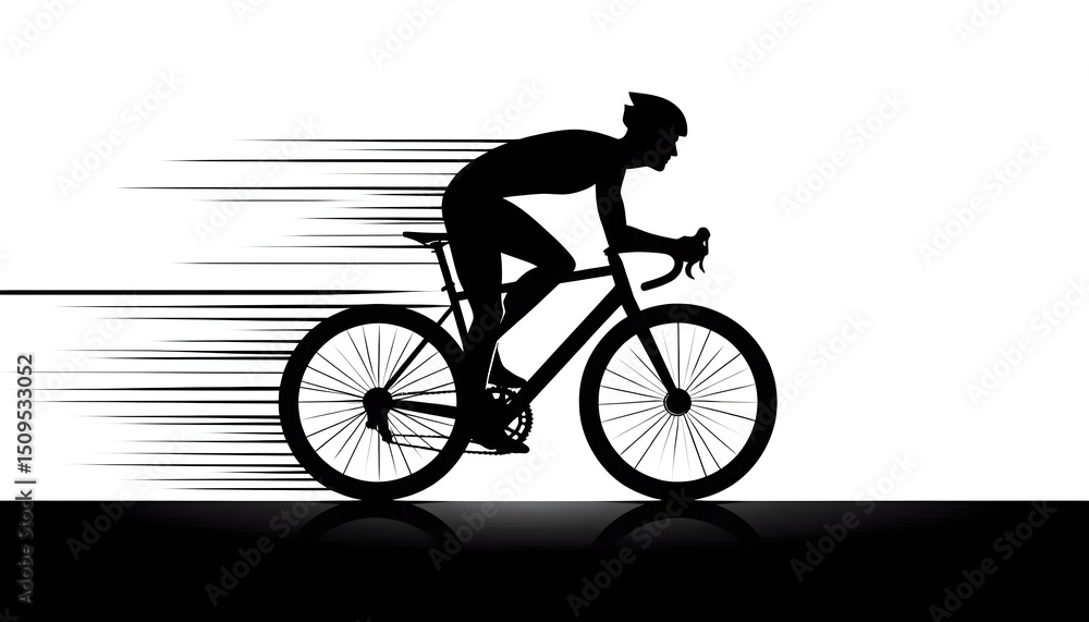 Poster minimal black silhouette of a cyclist in motion on a clean white background with subtle lines and mo