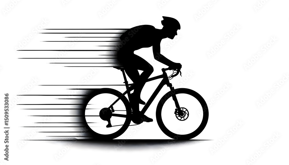 Poster silhouette of a cyclist moving forward on a white clean background designed in minimal and modern ve