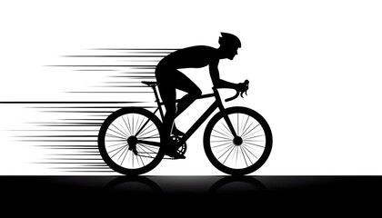 Fototapeta premium Minimal black silhouette of a cyclist in motion on a clean white background with subtle lines and modern vector style