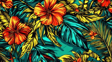 Vibrant Tropical Hibiscus Flowers and Palm Leaves Seamless Pattern