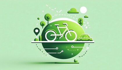 Minimal vector graphic of a bicycle over a green globe symbolizing eco-transport for World Car Free Day concept