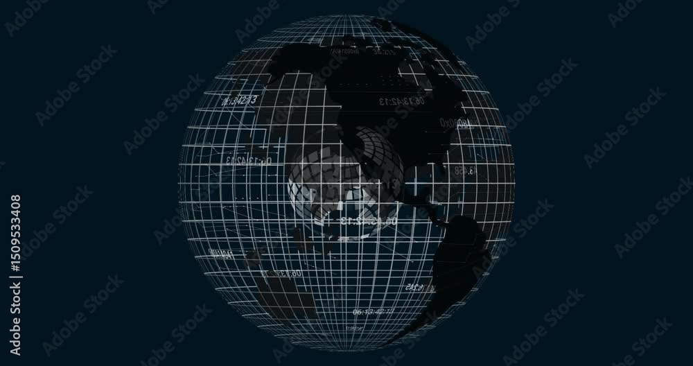 Poster starting with 3d globe earth rotating as pulsing grid codes and spinning mesh sphere showing data