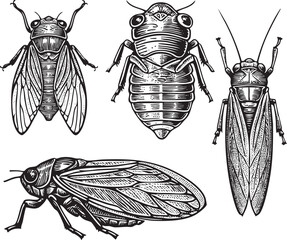 Four detailed insect illustrations showcase cicadas with intricate wing .