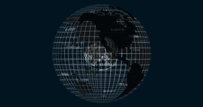 Starting with 3D globe Earth rotating as pulsing grid codes and spinning mesh sphere showing data