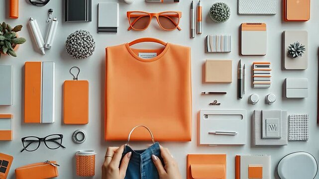 Orange clothing item, office supplies, and accessories arranged on white surface.  Flat lay design for branding