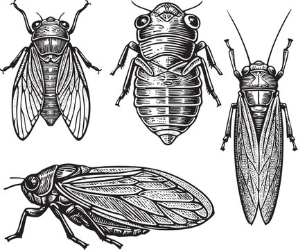 Four detailed insect illustrations showcase cicadas with intricate wing .