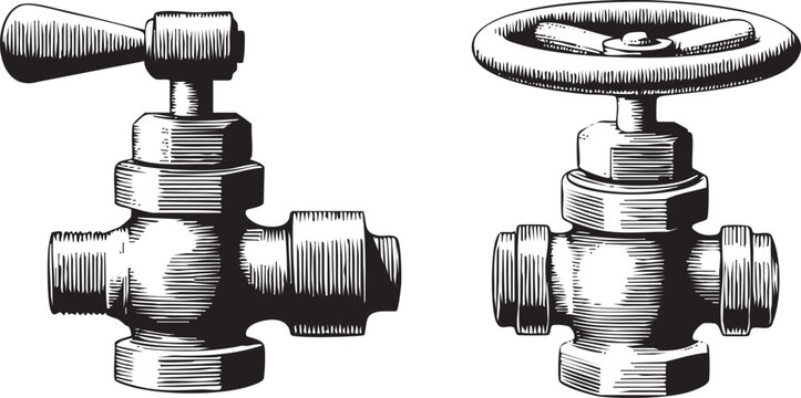 Two metal valves with handles are displayed against a white background.