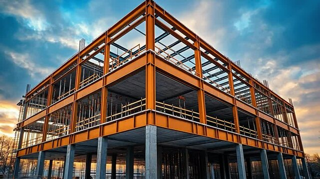 Orange-framed office building under construction at sunset