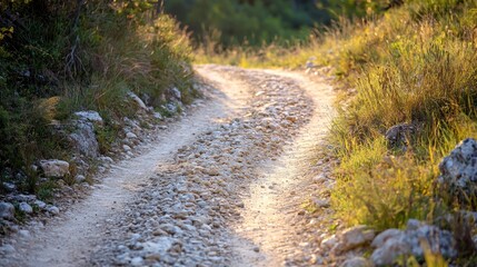 Fototapeta premium Winding gravel road, sunset, hillside, nature, travel