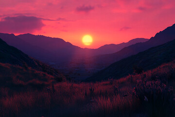 Silhouetted mountain ridge under glowing orange-pink sunset light