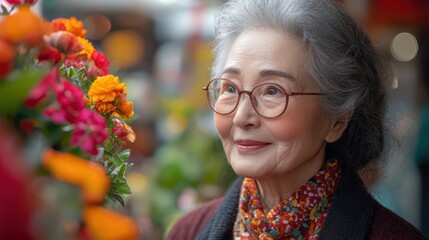 Elderly woman admiring flowers at market
