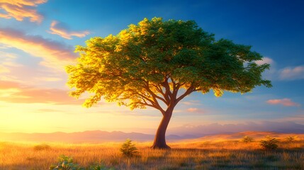 Majestic Tree at Golden Sunset Landscape