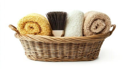 Obraz premium Rolled towels and brush in a wicker basket, studio shot