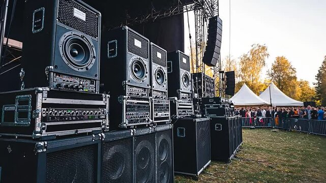Outdoor stage sound equipment setup at a music festival with crowd in background