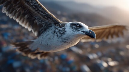 Seagull in Flight over Landfill at Sunset  Environmental Impact
